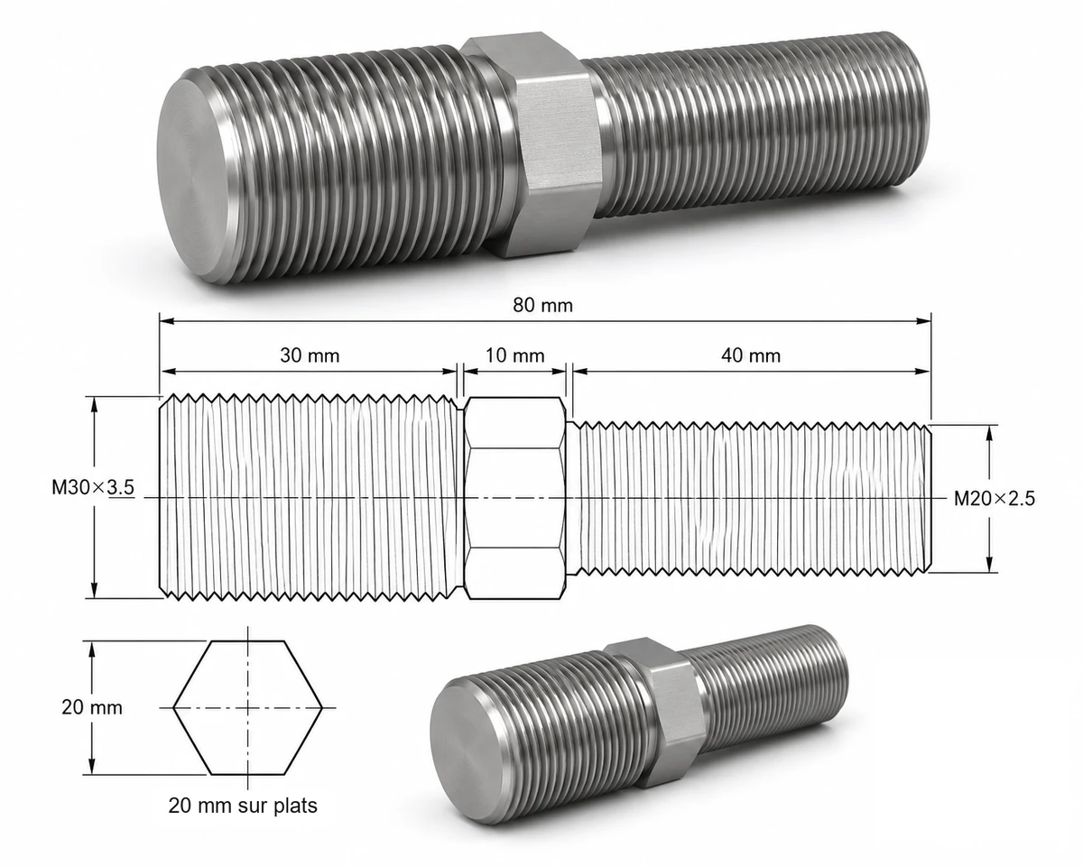 Goujon double filetage M30×3,5 sur 30 mm et M20×2,5 sur 40 mm, longueur totale 80 mm, six pans central 20 mm sur plats, en acier 42CrMo4 — plan coté EKINSUN