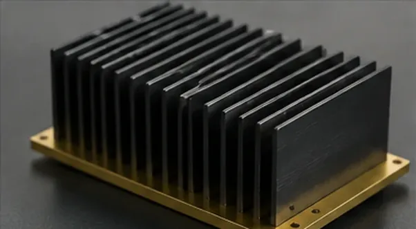 Heat sink with separate black fins set into a gold-coloured base plate with mounting holes