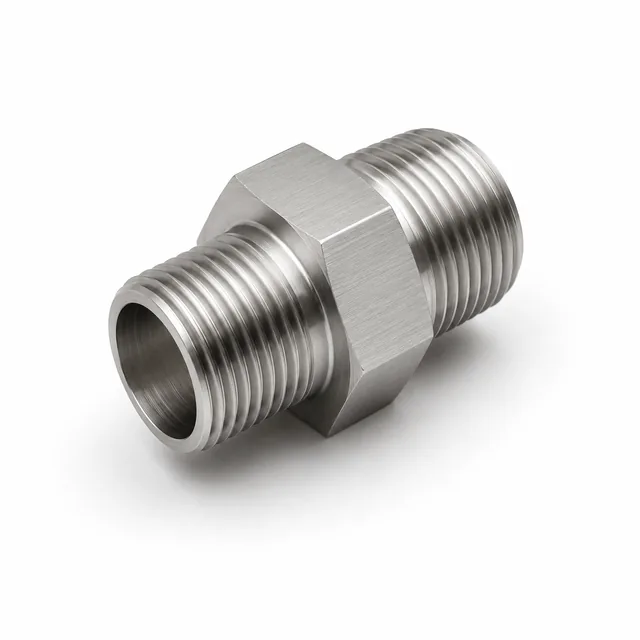 Stainless hex nipple thread adapter with a tapered NPT thread one end and a straight thread the other