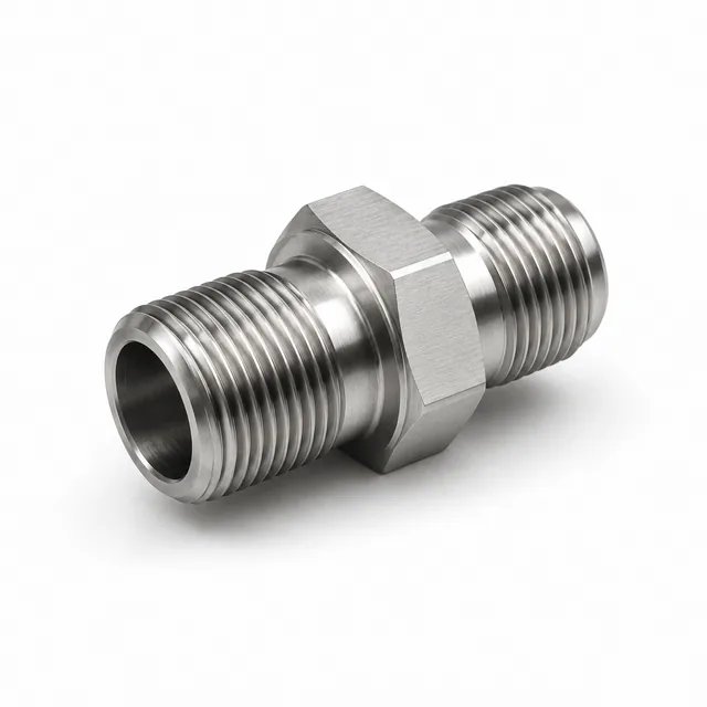 Male-to-male hex nipple thread adapter in stainless steel, tapered thread one end