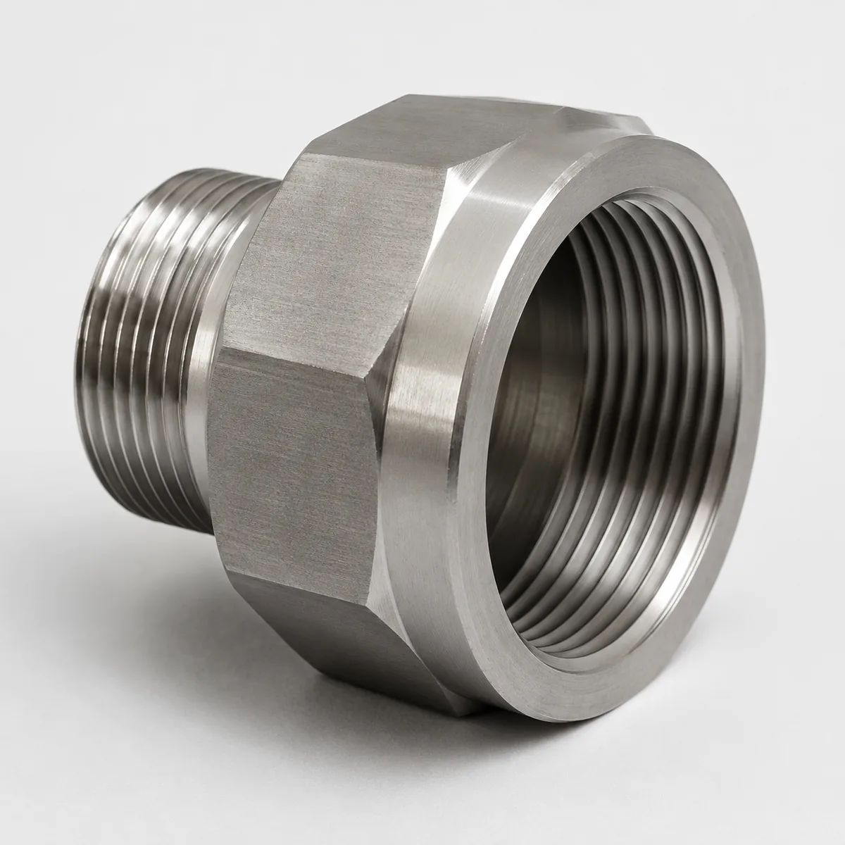 Custom hex reducing bushing machined from stainless steel, with a male thread on the outside of one end and a larger female thread inside the other