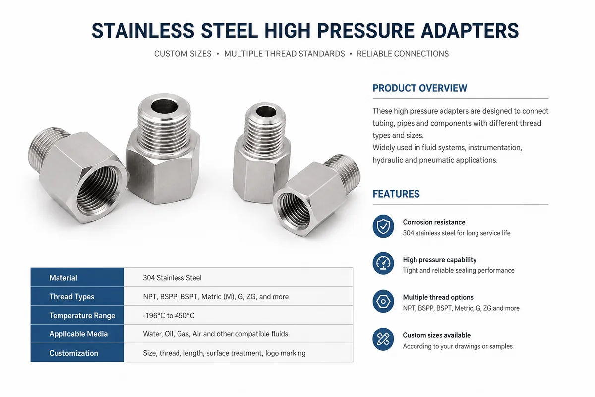 Overview of 304 stainless steel high pressure gauge adapters with specification table: NPT, BSPP, BSPT, metric, G and ZG threads, -196 to 450 C, water oil gas air