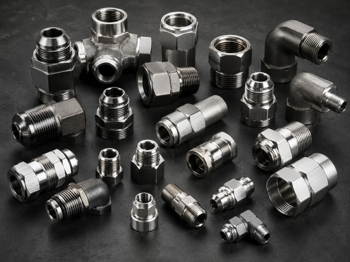 Custom hydraulic adapters — JIC, ORFS and SAE fittings machined in steel and stainless