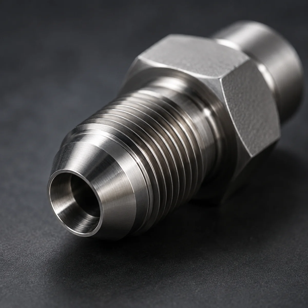 Close-up of a machined JIC 37-degree flare seat on a custom hydraulic adapter