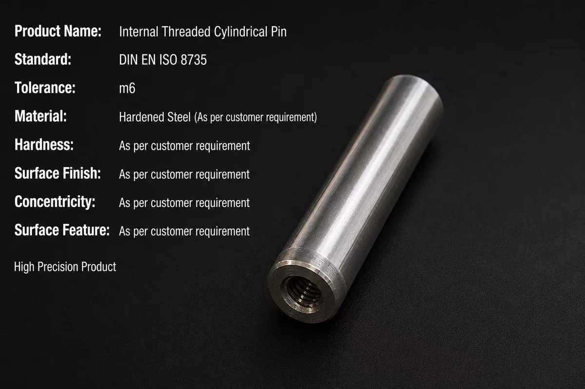 Internal threaded cylindrical dowel pin to DIN EN ISO 8735 — hardened steel, m6 tolerance, ground finish, extractable type for blind holes