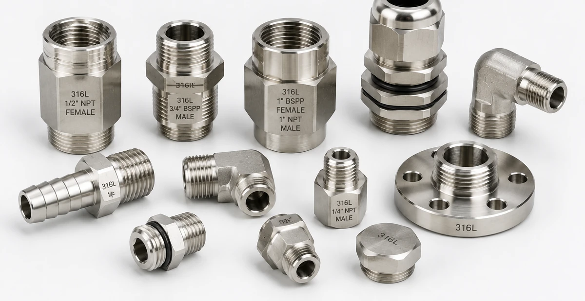 Gruppe von Verschraubungen und Adaptern aus Edelstahl 1.4404 mit NPT-, BSPP- und metrischen Gewinden, teils mit O-Ring