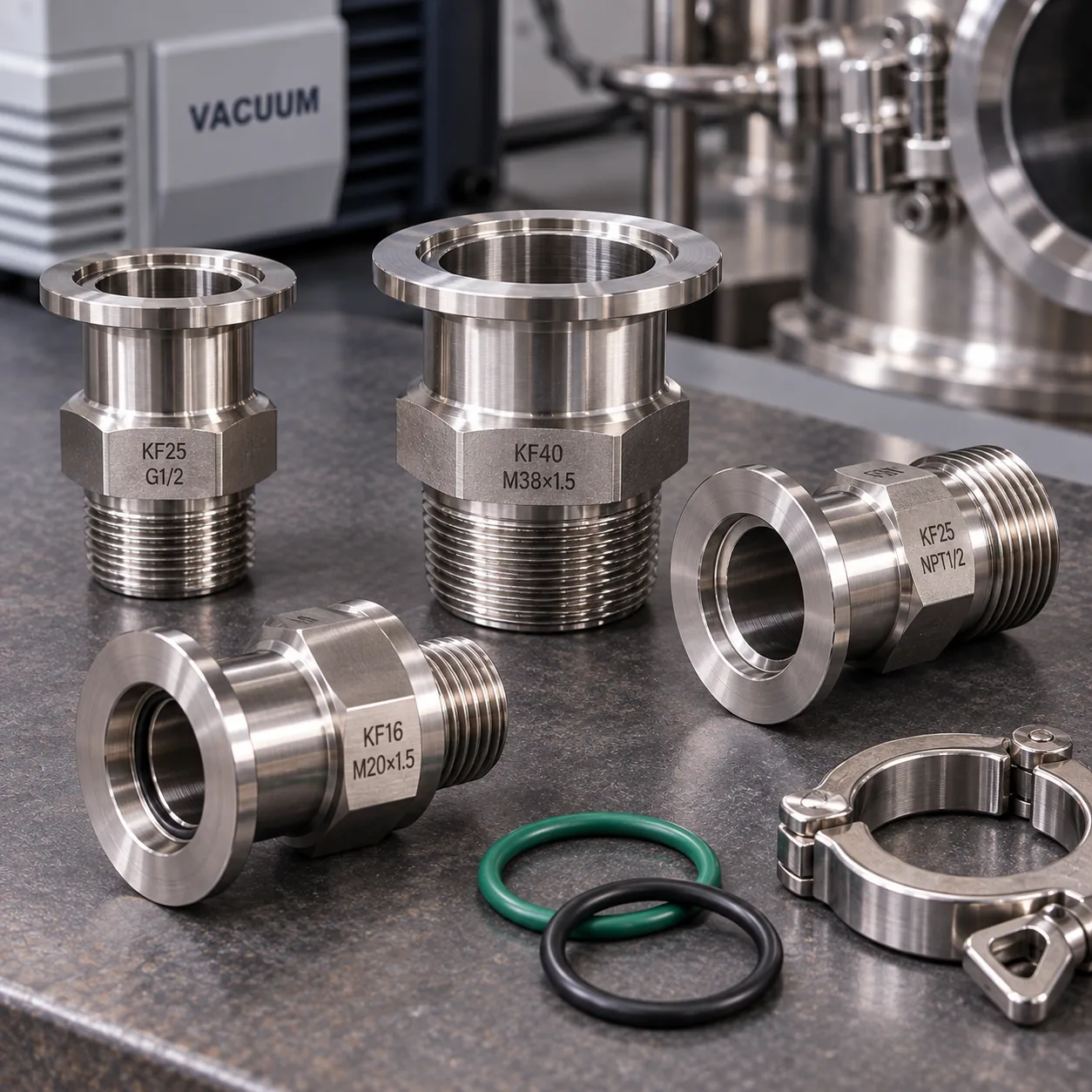 Stainless vacuum adapters with a KF flange on one end and a thread on the other, with centring rings, O-rings and a clamp on a bench