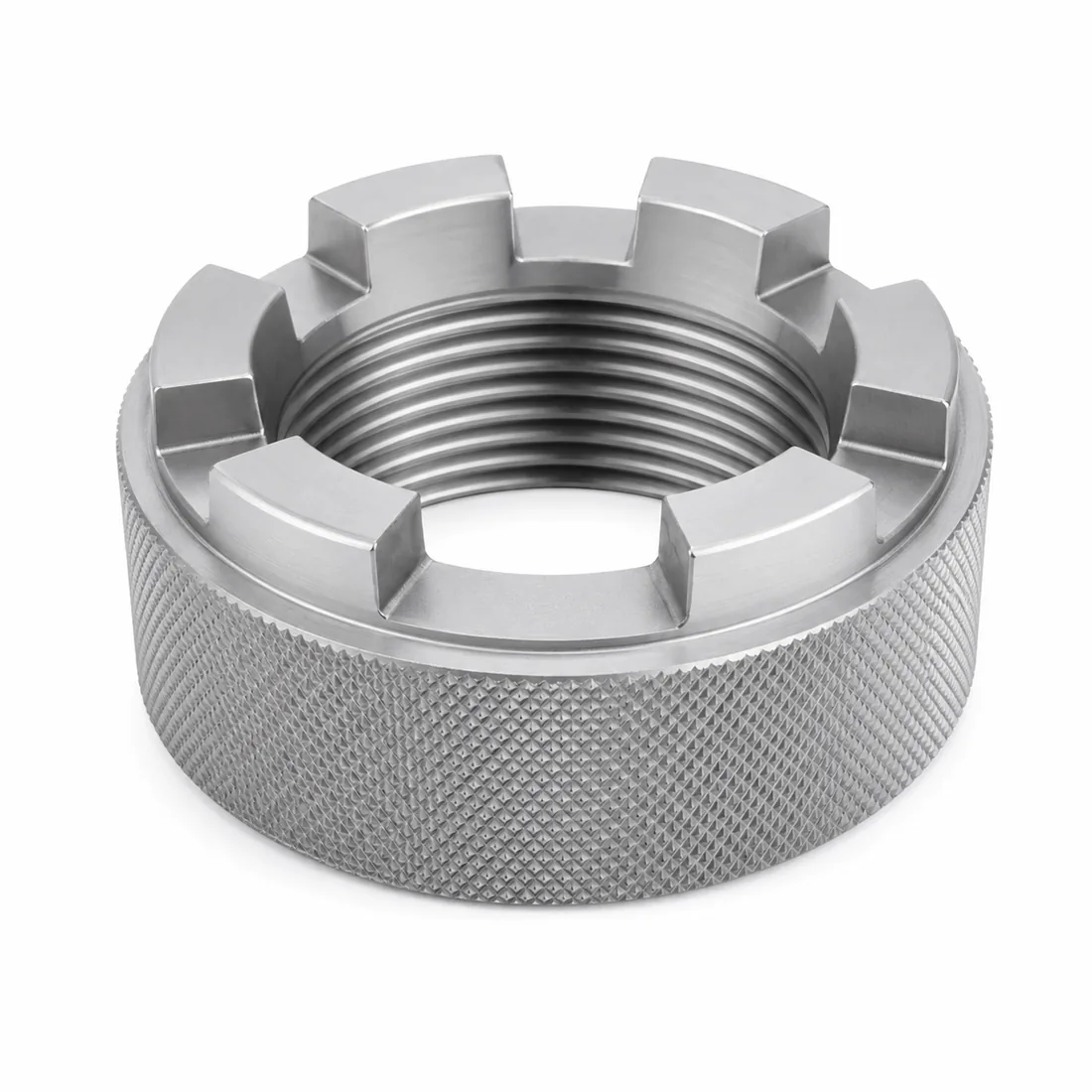 Custom knurled stainless steel slotted round castle nut machined by EKINSUN