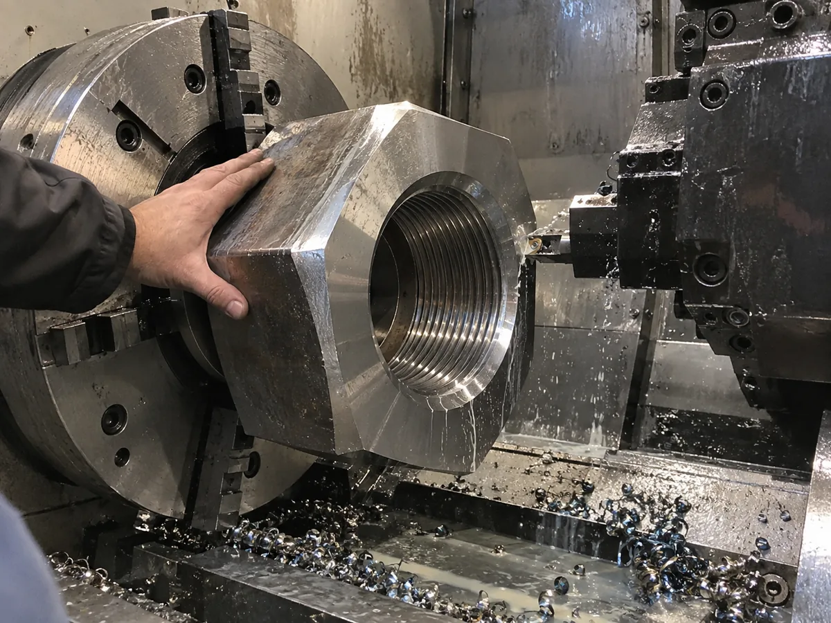Large hex nut with a freshly cut internal thread held at the chuck of a CNC lathe, coolant and chips on the machine bed