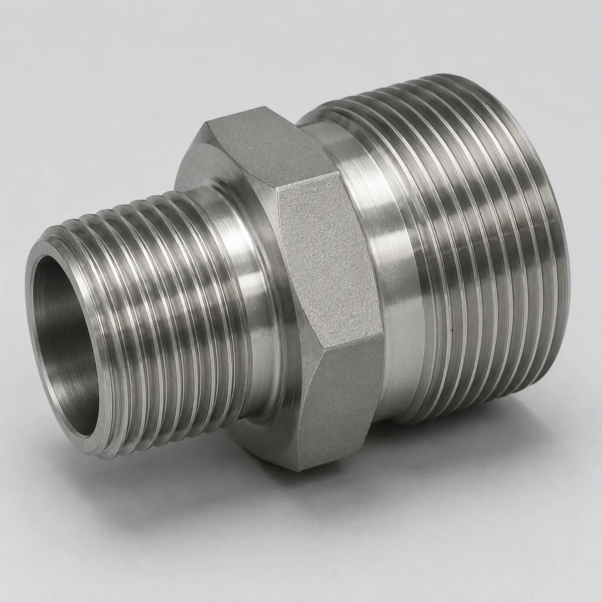 Large custom metric reducing thread adapter machined from stainless steel bar, stepping a large male metric thread down to a smaller male thread through a wrench hex