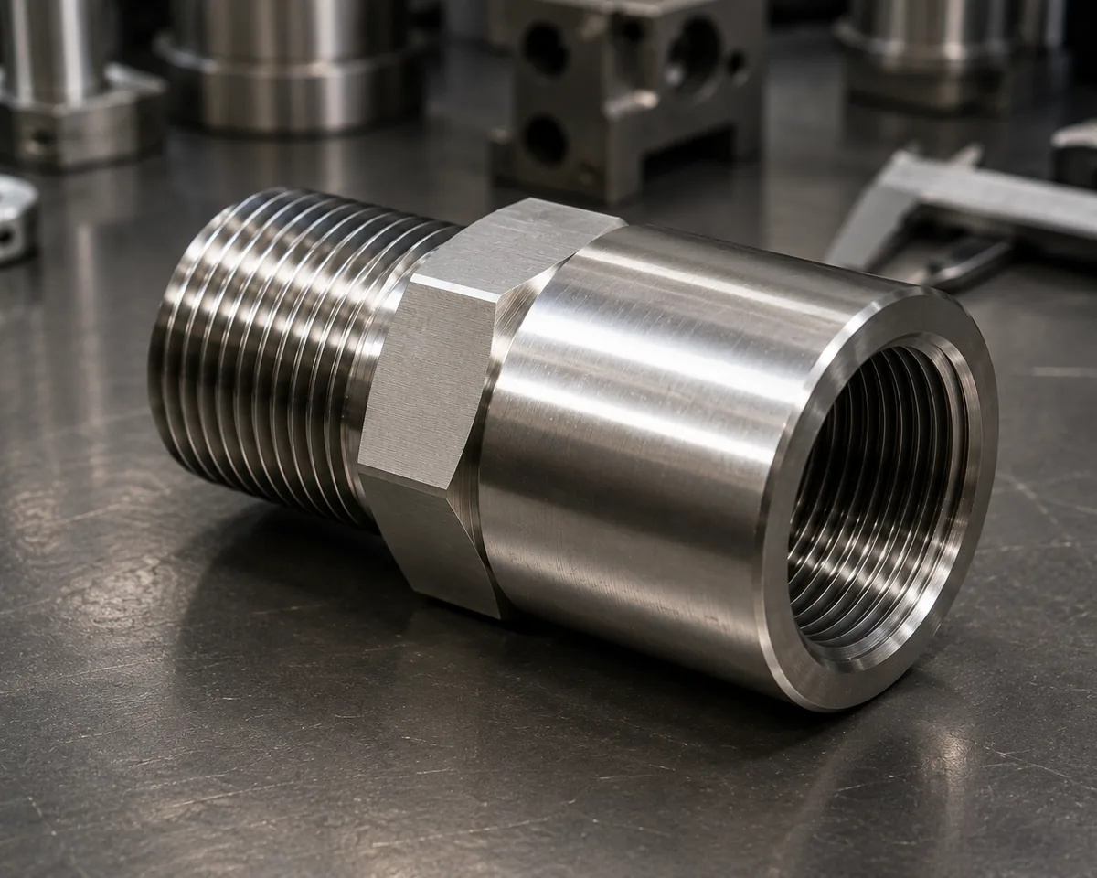 Large stainless steel metric to NPT thread adapter with tapered male thread, hex wrench flats and large female thread, machined by EKINSUN