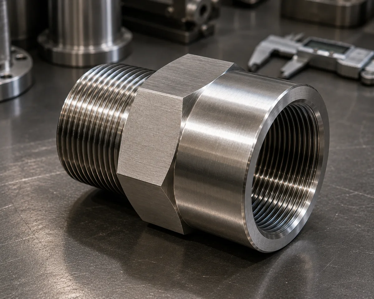 Large diameter stainless steel adapter with wide female NPT thread bore and external male thread