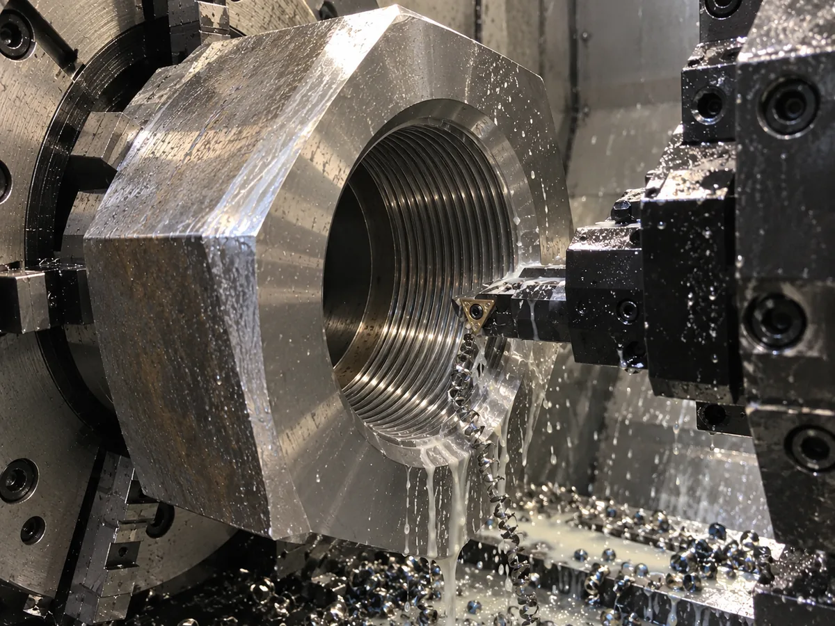 Boring bar with a threading insert cutting the internal thread of a large hex nut held in a CNC lathe chuck, coolant running over the part