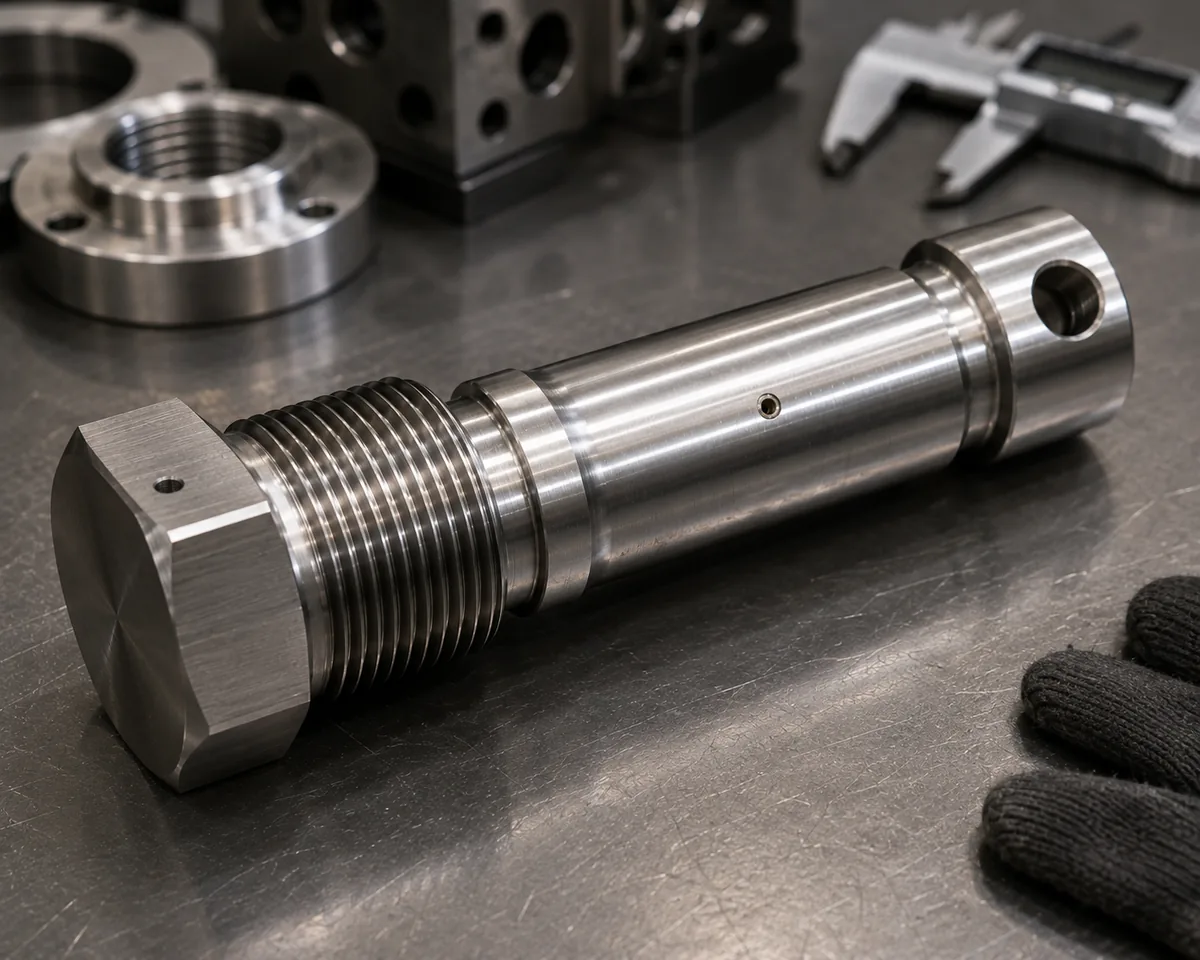 Large machined equipment pivot shoulder bolt with hex head, cross-drilled grease holes and stepped hardened journal, with a castellated ring nut in the background