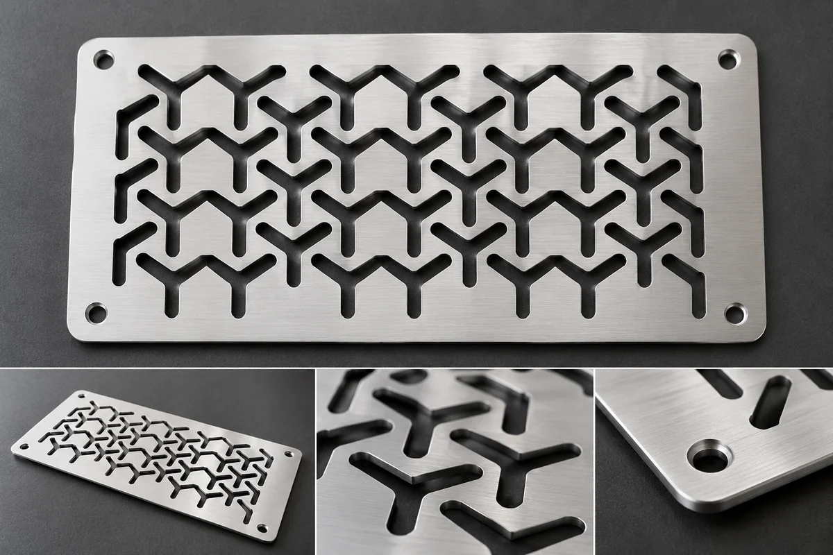 Brushed stainless steel plate with a repeating Y-shaped cutout pattern and four countersunk mounting holes, shown flat, at an angle, in close-up of the cutouts and in close-up of a countersunk hole