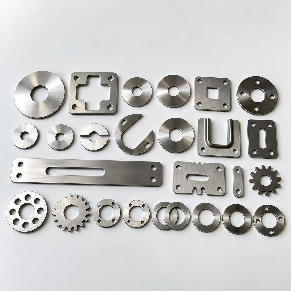Laser-cut stainless steel washers, flanges, slotted strips, C- and U-shaped plates and gear-tooth discs laid out on a white background