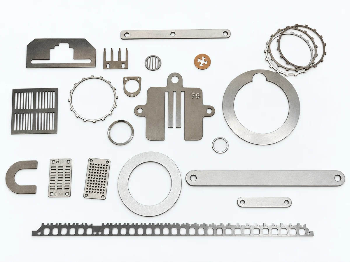 Thin laser-cut stainless steel parts: toothed lock rings, a shim marked 75, a slotted grille, perforated small plates, a long strip with square windows, a U-shaped shim, plain rings and a bracket-shaped plate