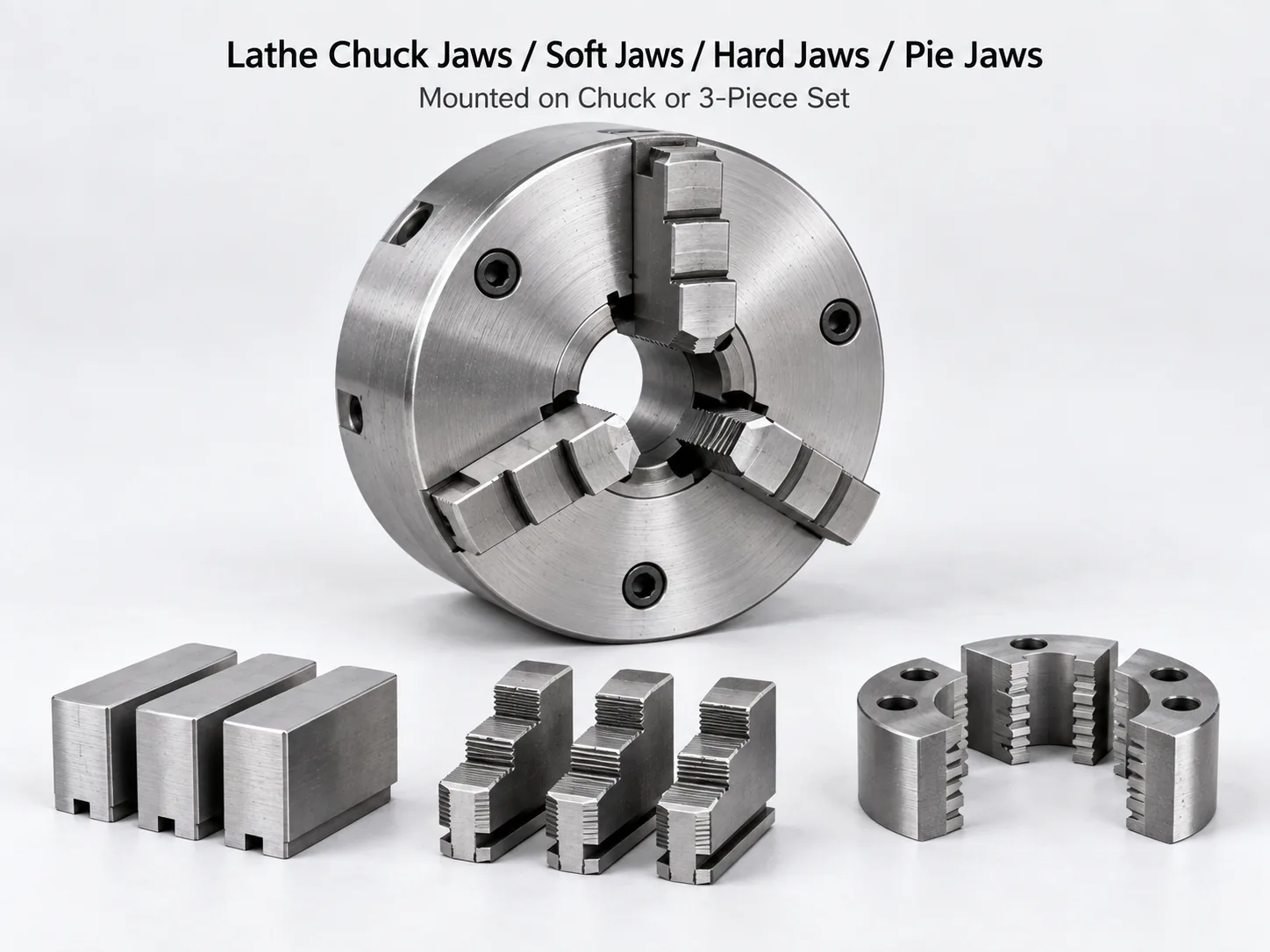 A three-jaw lathe chuck with jaws fitted, and sets of soft jaws, hard jaws and pie jaws laid out in front; small label text above