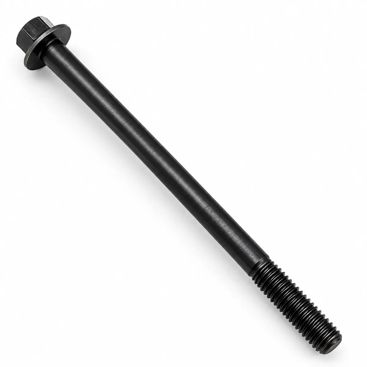 Long hex flange bolt in black-oxide steel with a plain shank and a short threaded end: a hex bolt with an integral flanged head, made to the length of the joint — EKINSUN