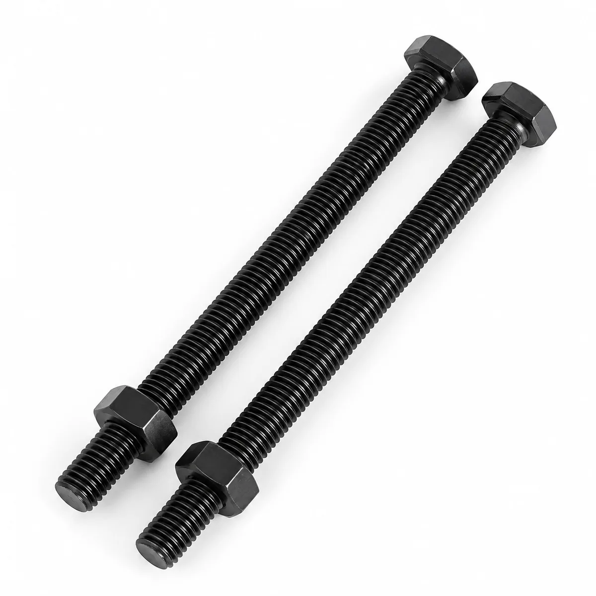 Two long fully threaded hex bolts in black-oxide steel, each shown with its hex nut, made to a length between the catalogue steps — EKINSUN