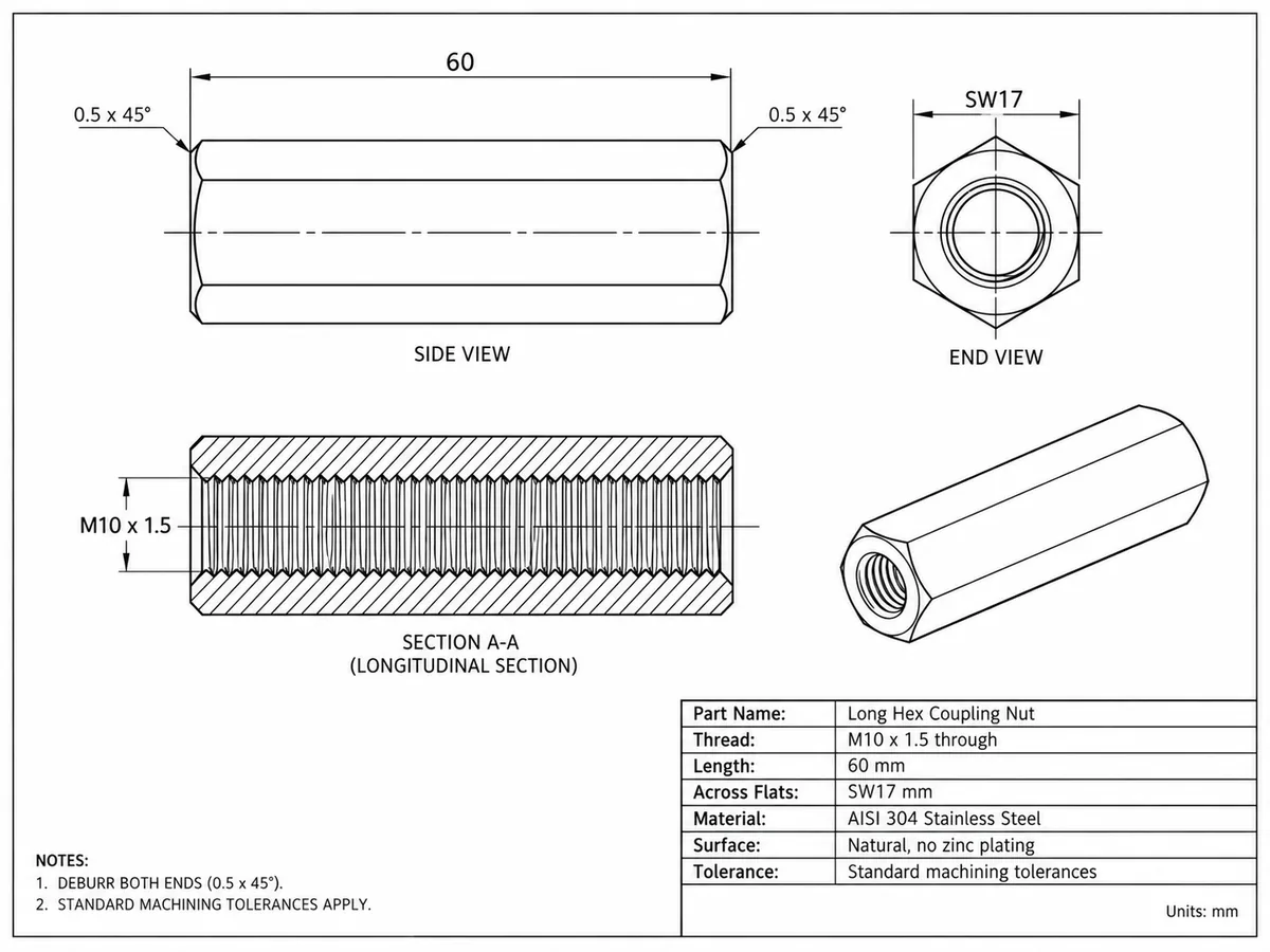 EKINSUN drawing of a long hex coupling nut: M10×1.5 through thread, 60 mm long, 17 mm across flats, 0.5×45° chamfers, AISI 304, side view, end view, longitudinal section and isometric