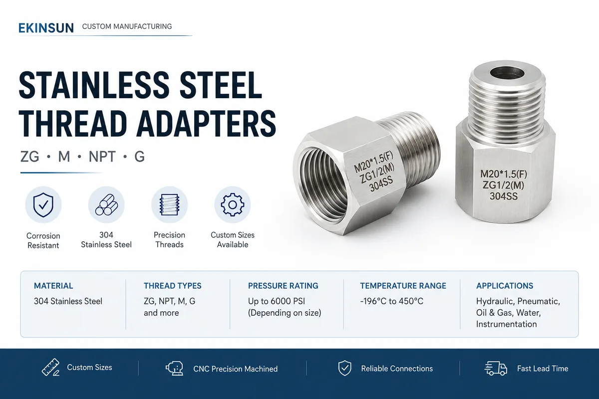 Two 304 stainless steel pressure gauge thread adapters laser-marked M20x1.5 female to ZG1/2 male, hex body with female socket and male taper thread