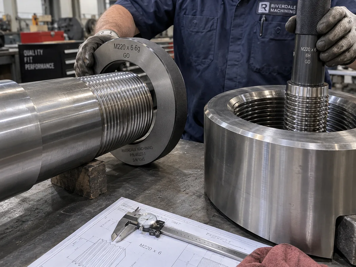 A machinist checks the M220×6 external thread of a large turned part with a ring gauge; a plug gauge, the drawing and a vernier caliper lie on the bench