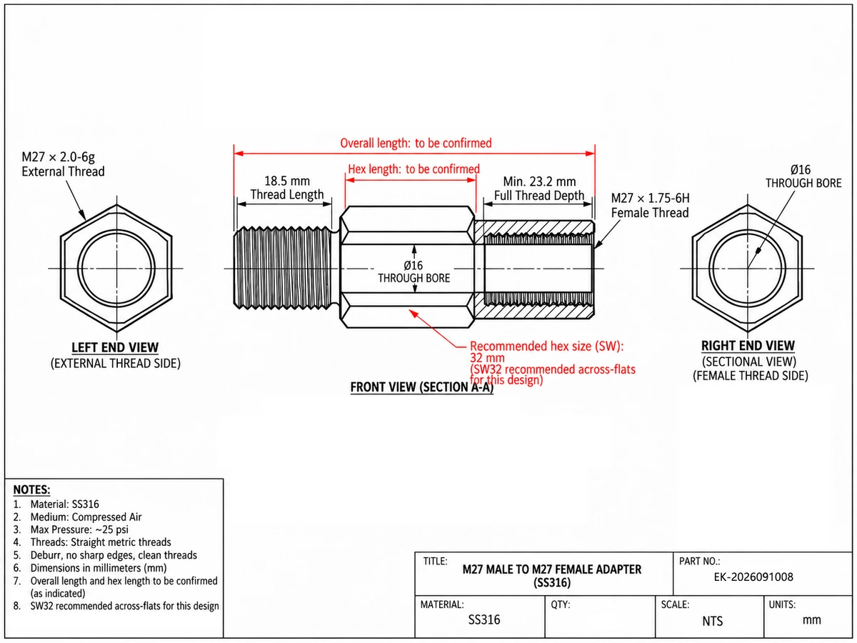 Dimensioned drawing of an M27×2 male to M27×1.75 female thread adapter in 316 stainless, 16 mm through bore, hex flats — same diameter each end, different pitch