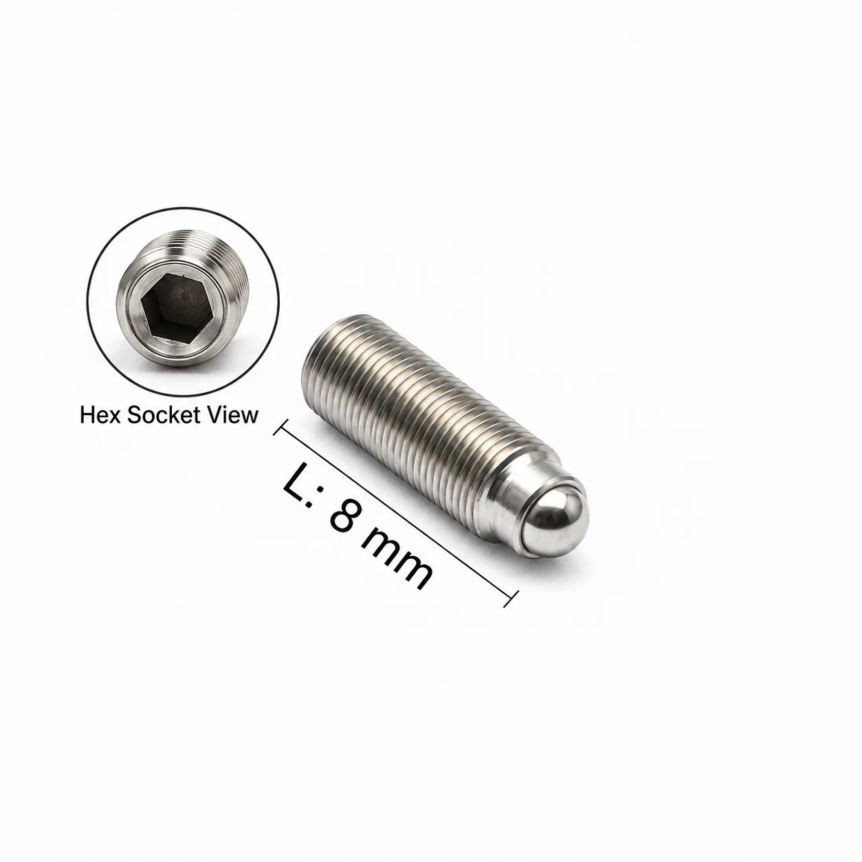 M3 × 0.25 ball-tip set screw, 8 mm long, with hex socket drive, ultra-fine thread and spherical tip