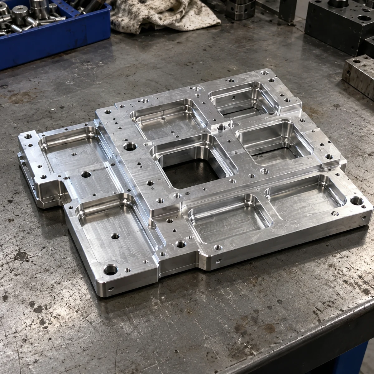 Machined aluminium base plate with a stepped outline, several deep rectangular pockets, a through window, counterbored holes and many small tapped holes