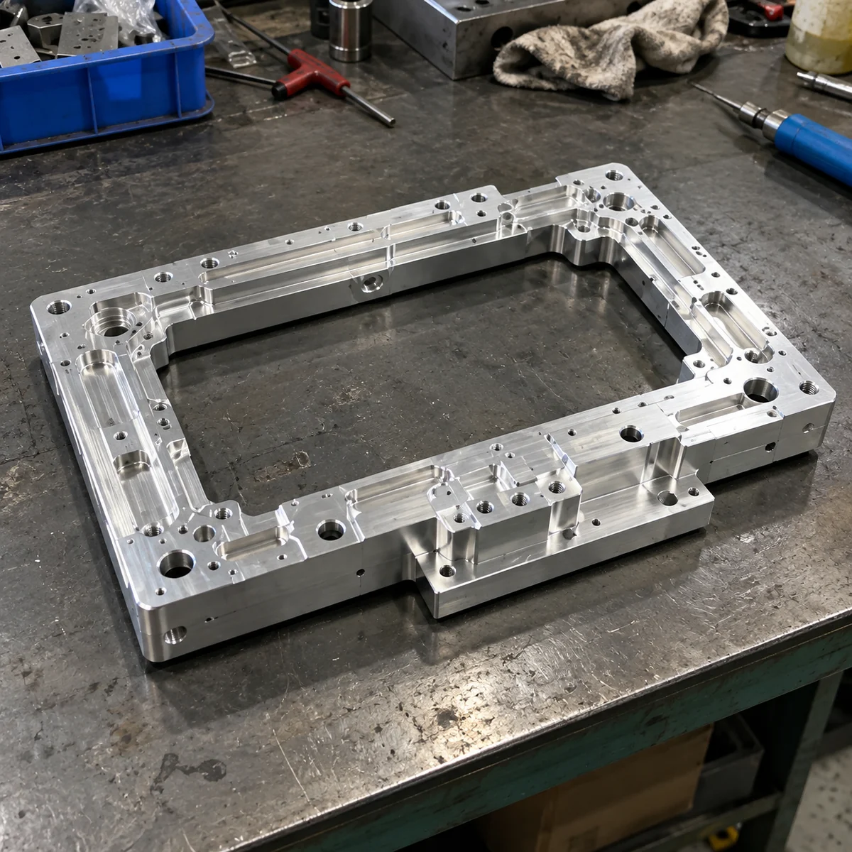 Machined aluminium frame plate with an open centre, stepped pockets along all four sides, counterbored holes and many small tapped holes, on a steel workbench