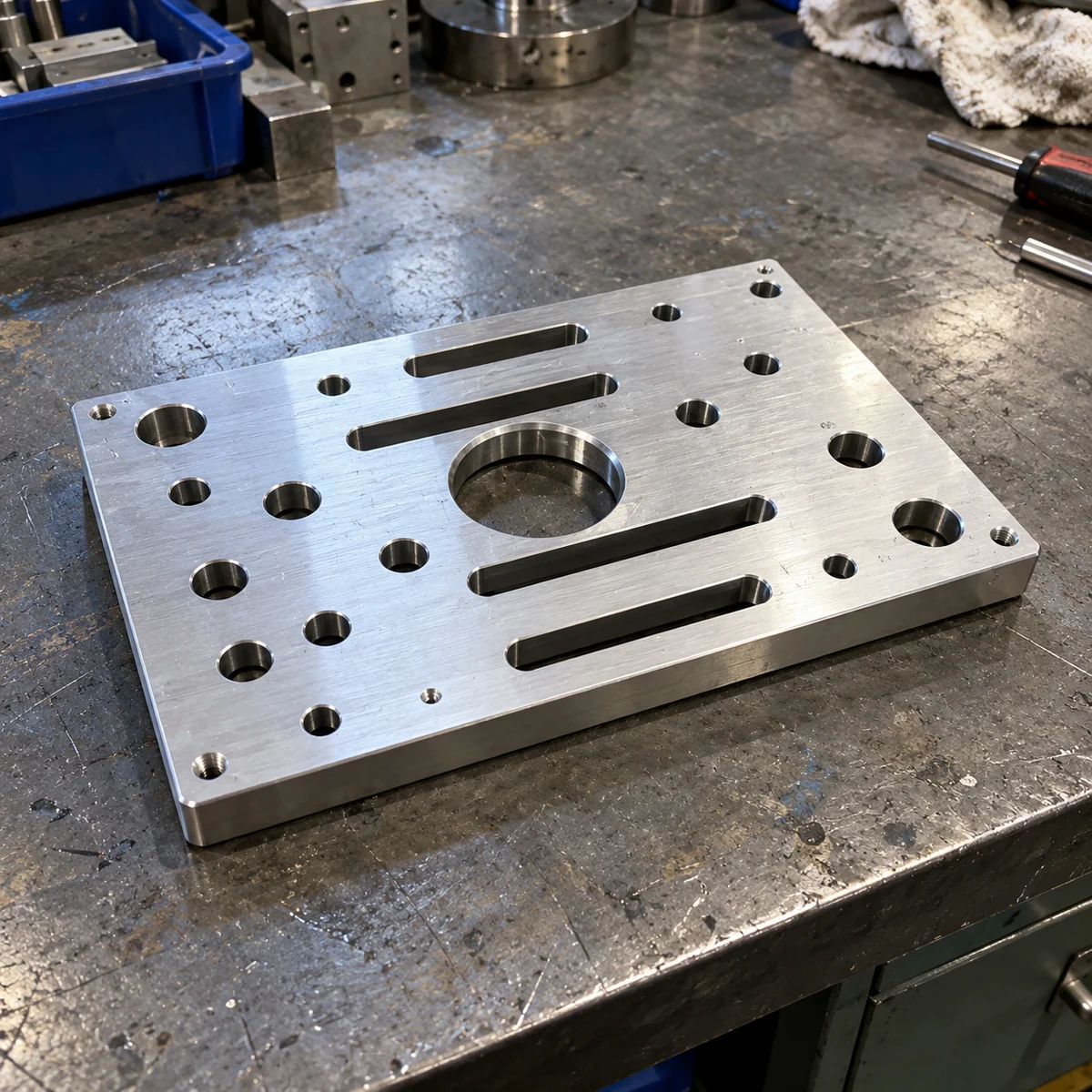 Machined aluminium mounting plate on a steel workbench with a large stepped centre bore, four long slots, counterbored holes, plain through holes and small tapped holes near the corners