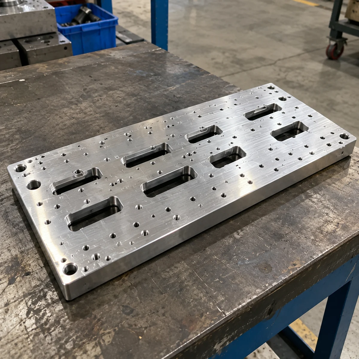 Lange gefräste Aluminiumplatte mit Reihen kleiner Gewindebohrungen, gesenkten Bohrungen und acht rechteckigen Taschen und Durchbrüchen