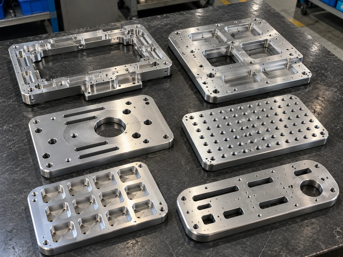 Six machined aluminium plates on a granite surface plate: two open frames with pockets and tapped holes, a plate with a large centre bore and slots, a plate with a grid of holes, a nest plate with twelve pockets and a plate with rounded ends, windows and a bore