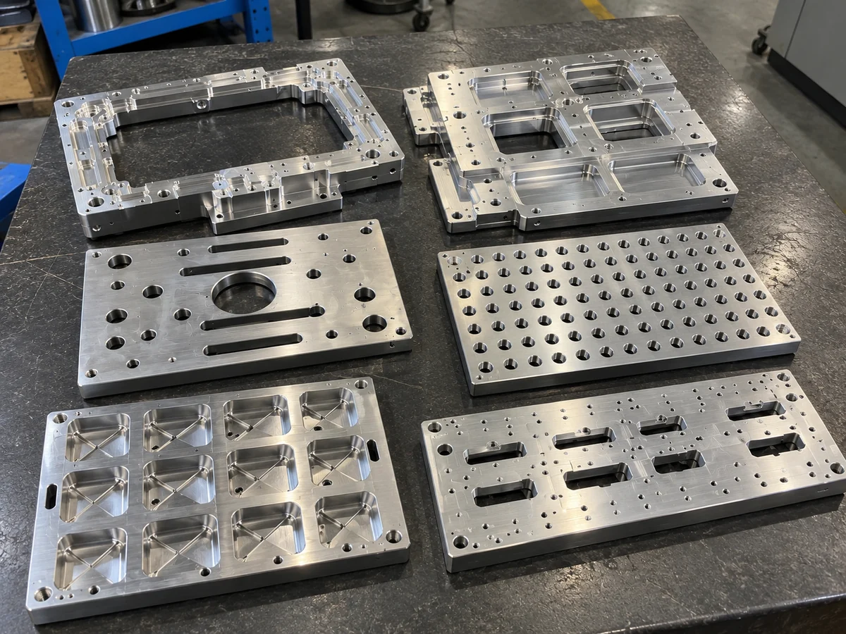 Six machined aluminium plates on a granite surface plate: two open frames with pockets and tapped holes, a plate with a large centre bore and slots, a plate with a grid of holes, a nest plate with twelve pockets and a plate with rectangular windows