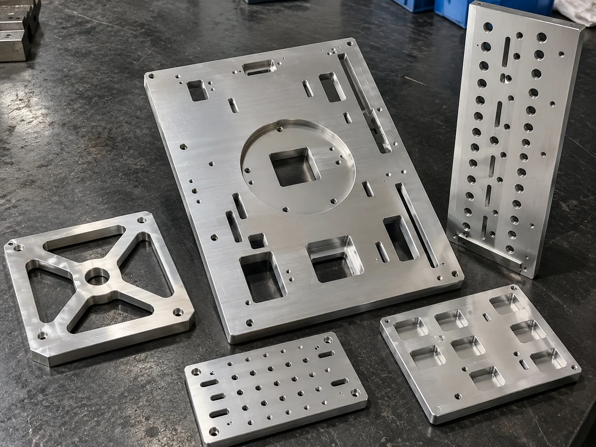 Five machined aluminium plates: a large plate with a round stepped recess and a square window, slots and pockets; an upright plate with rows of holes and slots; an X-frame plate; a small hole-and-slot plate; a plate with eight square pockets