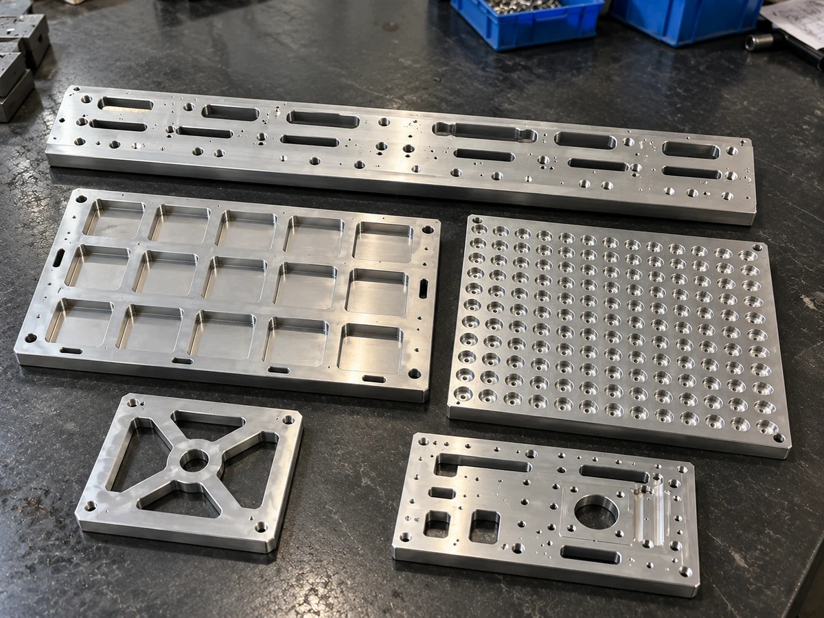 Five machined aluminium plates on a dark workbench: a long plate with slots and tapped holes, a plate with fifteen rectangular pockets, a plate with a dense grid of counterbored holes, an X-shaped frame with a centre bore and a small plate with slots, square pockets and a bore