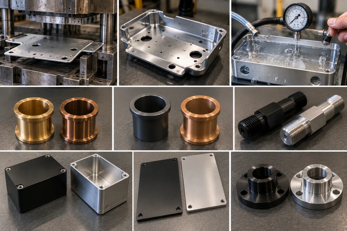 Collage gefertigter Teile: Aluminiumplatte in der Presse, gefräste Aluminiumwanne im Drucktest mit Manometer, Buchsen aus Messing und Bronze, schwarze Stahlbuchse, zwei Gewindebolzen, eloxierte Aluminiumgehäuse, Deckplatten und zwei Flanschfittings