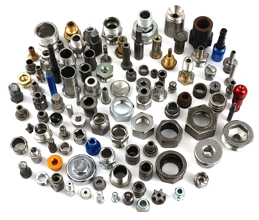 Large assortment of CNC turned nuts, hex bodies, bushes and threaded fittings in steel, stainless, brass and anodised aluminium