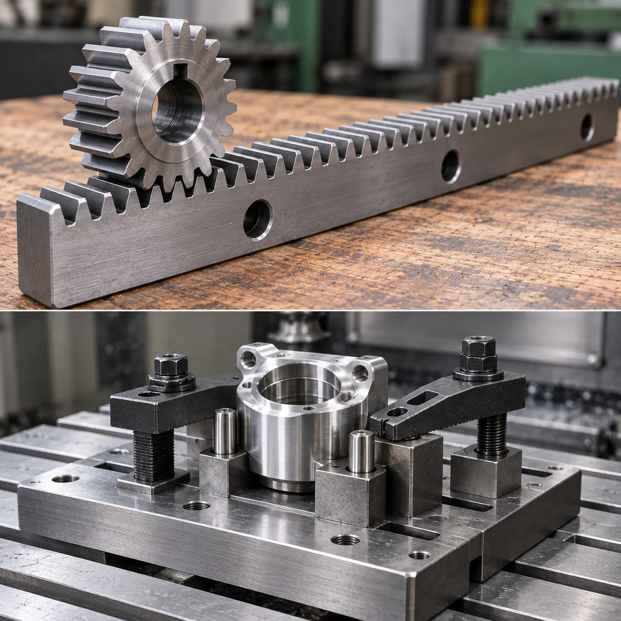 A machining fixture: steel base plate with locating pins and toggle clamps holding a workpiece, a gear rack and pinion behind it