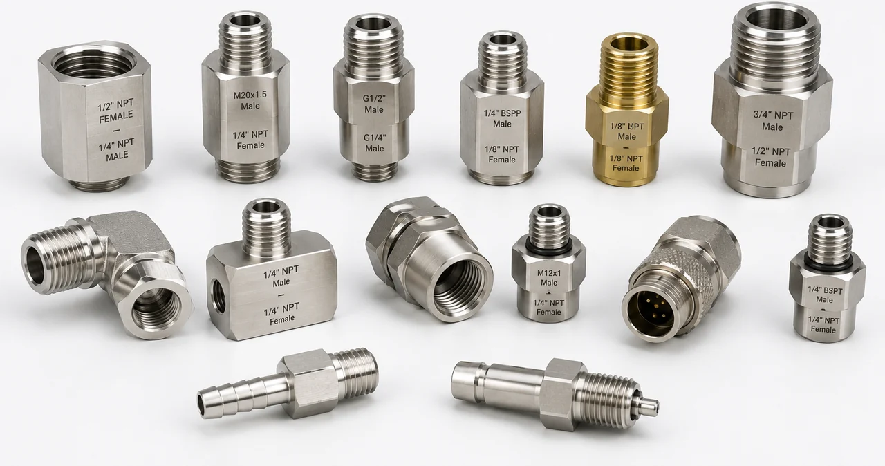 Manometer- und Sensoradapter aus Edelstahl — M20×1,5 auf 1/4″ NPT, G1/2″ auf G1/4″, 1/4″ BSPP auf 1/8″ NPT und M12×1 auf 1/4″ NPT, dazu Winkel- und T-Ausführungen