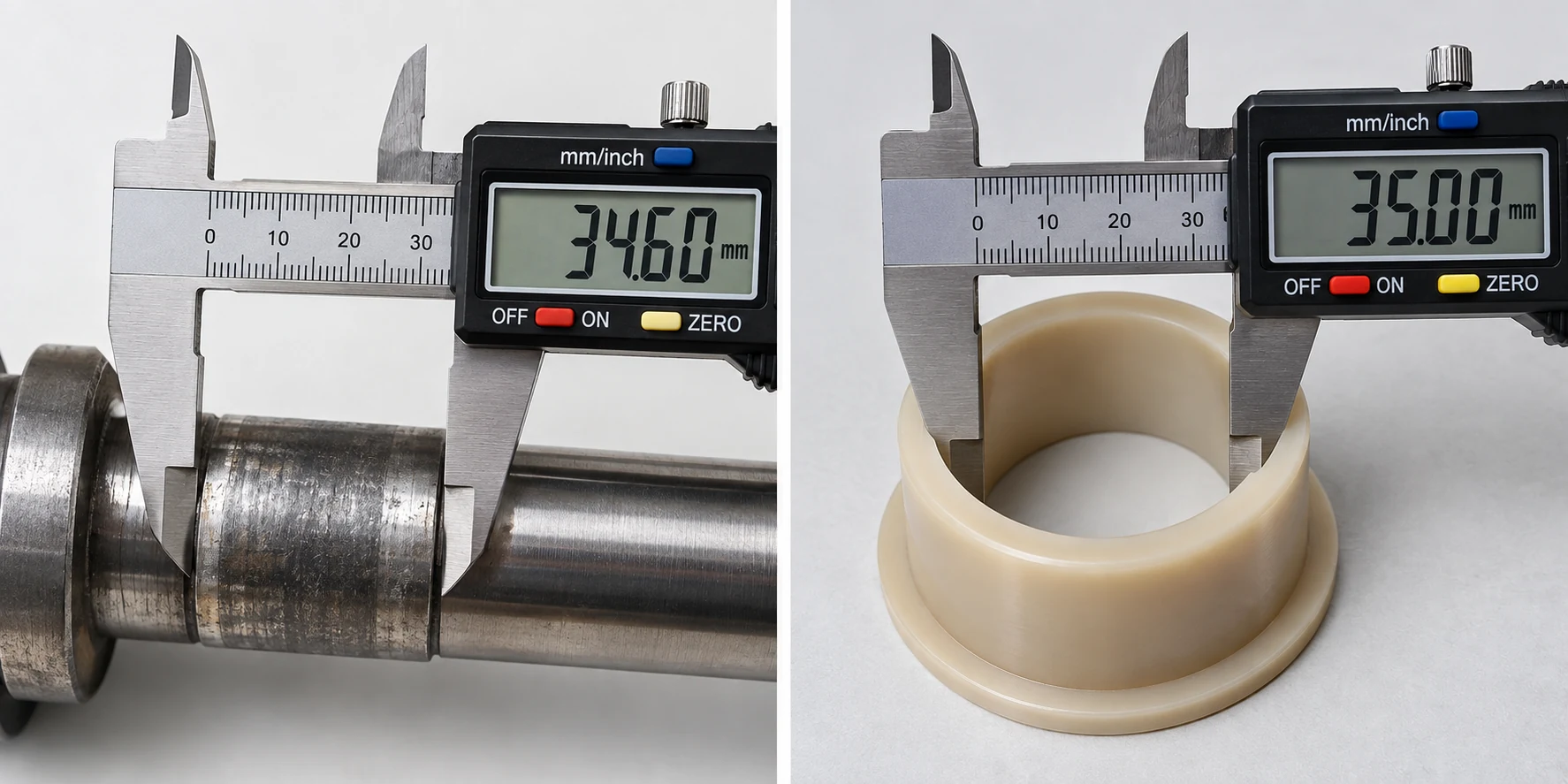 Two measurements side by side: on the left a digital caliper across the worn, scored journal of a steel shaft reading 34.60 mm, on the right a caliper across the outside of a cream cast nylon flanged bush reading 35.00 mm