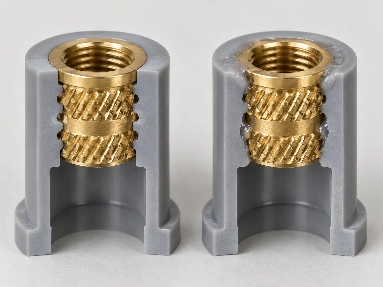 Two identical grey plastic bosses cut open side by side: on the left an insert moulded in with plastic filling each knurl groove cleanly, on the right a heat-set insert with a collar of remelted plastic at the boss face