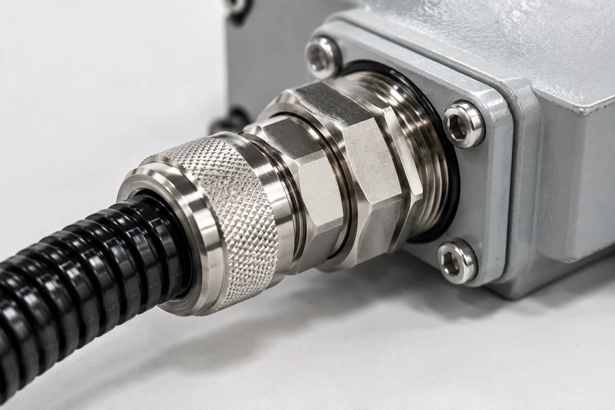 Nickel-plated brass thread adapter joining a cable gland to protective metal conduit on an industrial equipment housing