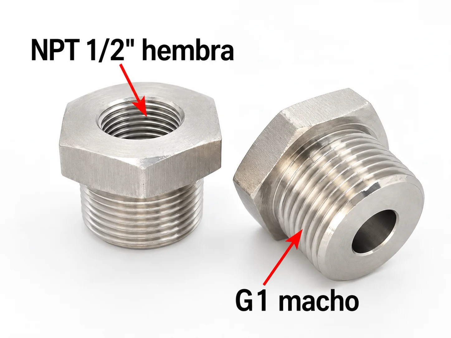 Two stainless hex adapters with a 1/2 inch NPT female thread in the hex and a G1 male thread