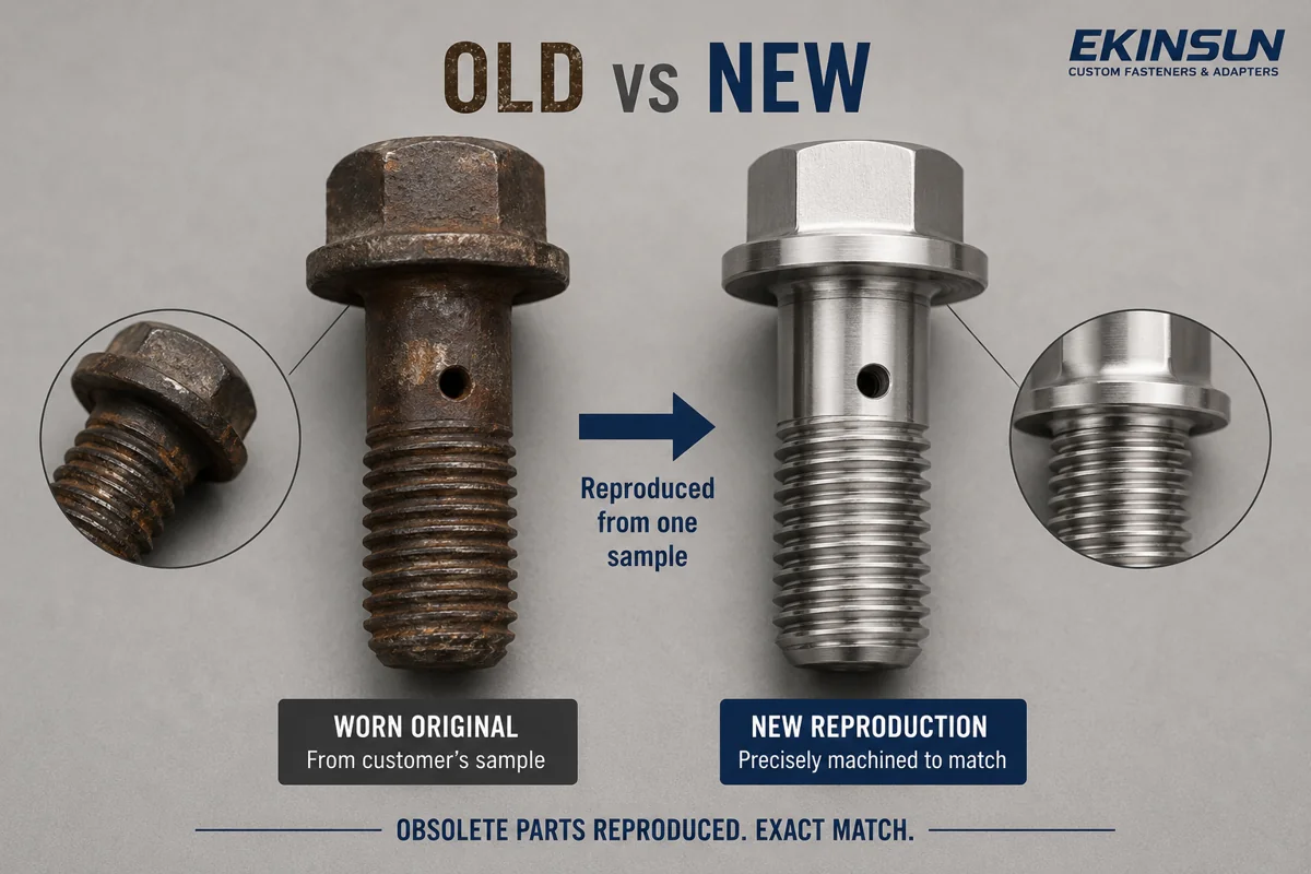 Worn vintage bolt beside its newly reproduced match made from the sample by EKINSUN