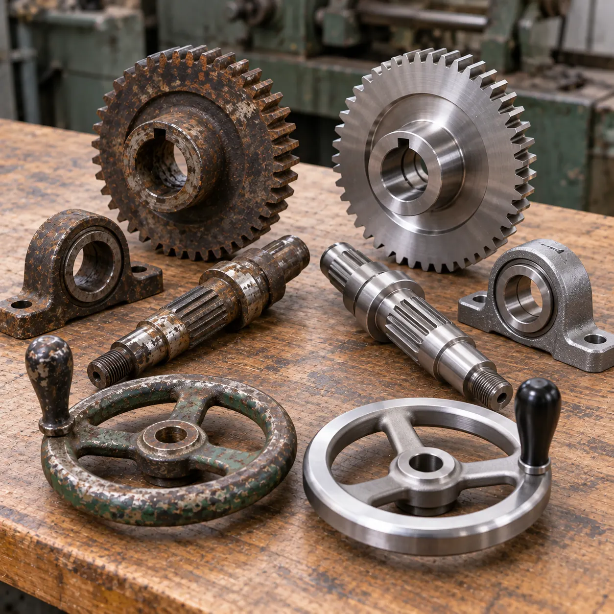 Rusty gears, handwheels and shafts from an old machine laid out beside newly machined replacements on a bench