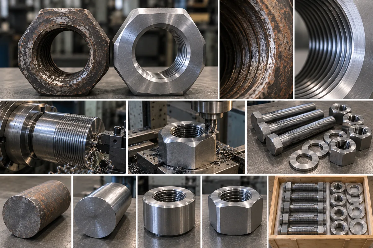 Collage: a rusty old hex nut beside a newly machined one, close-ups of the worn and the new thread, a large thread being turned, a hex nut being tapped, finished bolts, nuts and washers, round bar blanks, and the finished set packed in a wooden crate