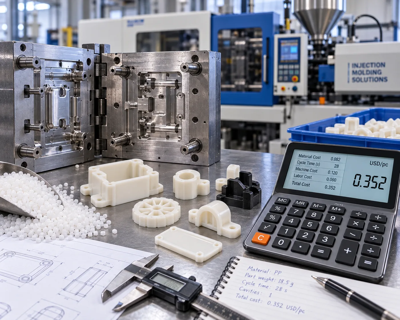 An opened injection mould, white moulded parts and plastic pellets, a calculator and a drawing on the bench, moulding machines behind