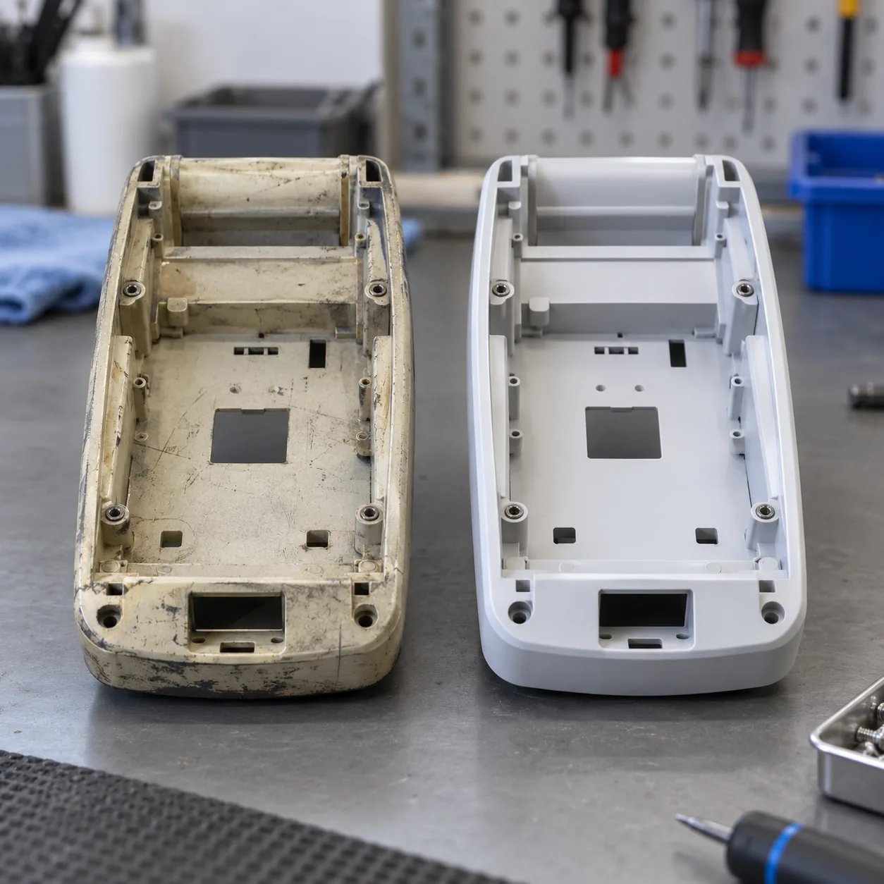 A yellowed old payment terminal housing beside a new white one, both open, on a grey bench